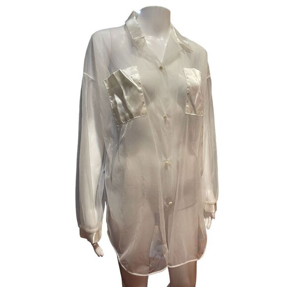Womens Sheer White Silk Like Blouse SZ Large L - Picture 1 of 3